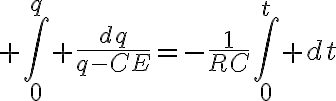 $\int_0^q \frac{dq}{q-CE}=-\frac1{RC}\int_0^t dt$