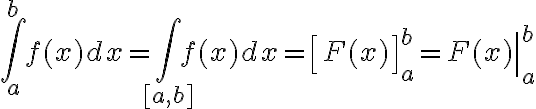 $\int_a^b f(x)dx = \int_{[a,b]}f(x)dx=\left[F(x)\right]_a^b=\left.F(x)\right|_a^b$