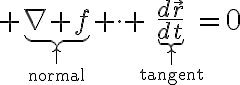 $\underbrace{\nabla f}_{\uparrow\atop\textrm{normal}} \cdot \underbrace{\frac{d\vec{r}}{dt}}_{\uparrow\atop\textrm{tangent}}=0$