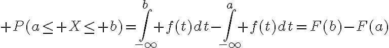$P(a\le X\le b)=\int_{-\infty}^b f(t)dt-\int_{-\infty}^a f(t)dt=F(b)-F(a)$