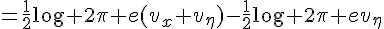 $\begin{align}C&=\frac12\log 2\pi e(v_x+v_{\eta})-\frac12\log 2\pi ev_{\eta}\\&=\frac12\log\frac{v_x+v_{\eta}}{v_{\eta}}\\&=\frac12\log\left( 1+\frac{v_x}{v_{\eta}} \right ) \;\textrm{ bits}\end{align}$